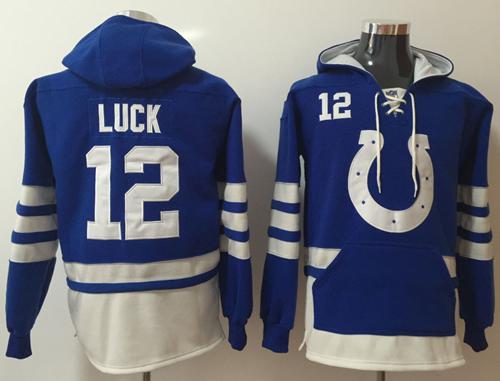 Nike Colts #12 Andrew Luck Royal Blue/White Name & Number Pullover NFL Hoodie - Click Image to Close